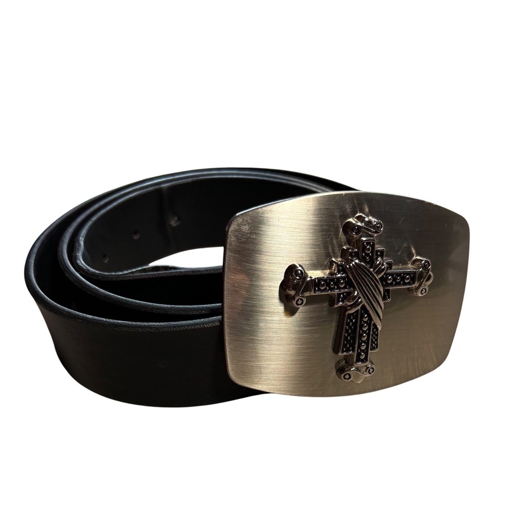 Mens Black Faux Leather Belt with Silver Cross Trophy Buckle Size 40 Western